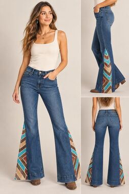 Rock & Roll Denim Women's 27x32 Mid Rise Trouser Jeans Aztec Flare Western